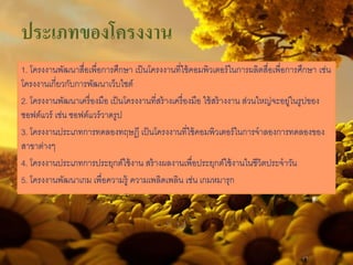 ประเภทของโครงงาน
1. โครงงานพัฒนาสื่อเพื่อการศึกษา เป็นโครงงานที่ใช้คอมพิวเตอร์ในการผลิตสื่อเพื่อการศึกษา เช่น
โครงงานเกี่ยวกับการพัฒนาเว็บไซต์
2. โครงงานพัฒนาเครื่องมือ เป็นโครงงานที่สร้างเครื่องมือ ใช้สร้างงาน ส่วนใหญ่จะอยู่ในรูปของ
ซอฟต์แวร์ เช่น ซอฟต์แวร์วาดรูป
3. โครงงานประเภทการทดลองทฤษฎี เป็นโครงงานที่ใช้คอมพิวเตอร์ในการจําลองการทดลองของ
สาขาต่างๆ
4. โครงงานประเภทการประยุกต์ใช้งาน สร้างผลงานเพื่อประยุกต์ใช้งานในชีวิตประจําวัน
5. โครงงานพัฒนาเกม เพื่อความรู้ ความเพลิดเพลิน เช่น เกมหมารุก
 