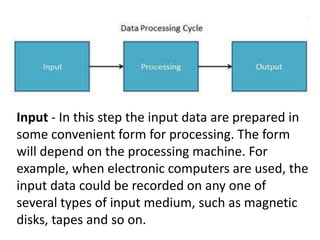 Input - In this step the input data are prepared in
some convenient form for processing. The form
will depend on the processing machine. For
example, when electronic computers are used, the
input data could be recorded on any one of
several types of input medium, such as magnetic
disks, tapes and so on.
 