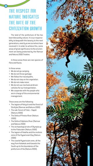 The land of the prefecture of Ilia has
been blessed by nature. It is our responsi-
bility to bequeath this beauty to the next
generations,exactlyasweourselveshave
received it. In order to achieve this, some
areasofgreatsignificancetotheenviron-
ment are being protected by the Ramsar
and Natura 2000 Treaties.
In these areas there are rare species of
flora and fauna.
In these areas:
•	 We do not go camping.
•	 We do not throw garbage.
•	 We follow the traced paths.
•	 We do not step on the vegetation.
•	 We do not make noise.
•	 We do not use mechanical driven
vehicles for our transportation.
•	 We cooperate with the people who
are in charge of the environmental
management.
These areas are the following:
•	 The lagoon of Kotychi and the forest of
Strofylia (Ramsar and Natura 2000)
•	 The oak-forest of Foloi – Kapeli
(Natura 2000)
•	 The Delta of Pineios River (Natura
2000)
•	 The Delta of Alpheios River (Ramsar
and Natura 2000)
•	 The archaeological site of Olympia up
to the Floka dam (Natura 2000)
•	 The lagoon of Kaiafas and the onshore
zone of the Kyparissian Bay (Natura
2000)
•	 The coastal Kyparissian zone, all the
way from Katakolo and towards the
South up to the boundaries of the
prefecture of Ilia (Natura 2000).
The respect for
nature indicates
the rate of the
civilizationgrowth
97
 