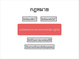 กฎหมาย
substantive environmental rights
สิทธิในสภาพแวดล้อมที่ดี
เป็นส่วนหนึ่งของสิทธิมนุษยชน
สิทธิของสัตว์? สิทธิของต้นไม้?
 
