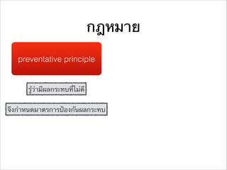 กฎหมาย
preventative principle
รู้ว่ามีผลกระทบที่ไม่ดี
จึงกําหนดมาตรการป้องกันผลกระทบ
 