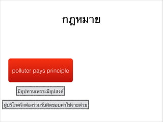 กฎหมาย
polluter pays principle
มีอุปทานเพราะมีอุปสงค์
ผู้บริโภคจึงต้องร่วมรับผิดชอบค่าใช้จ่ายด้วย
 