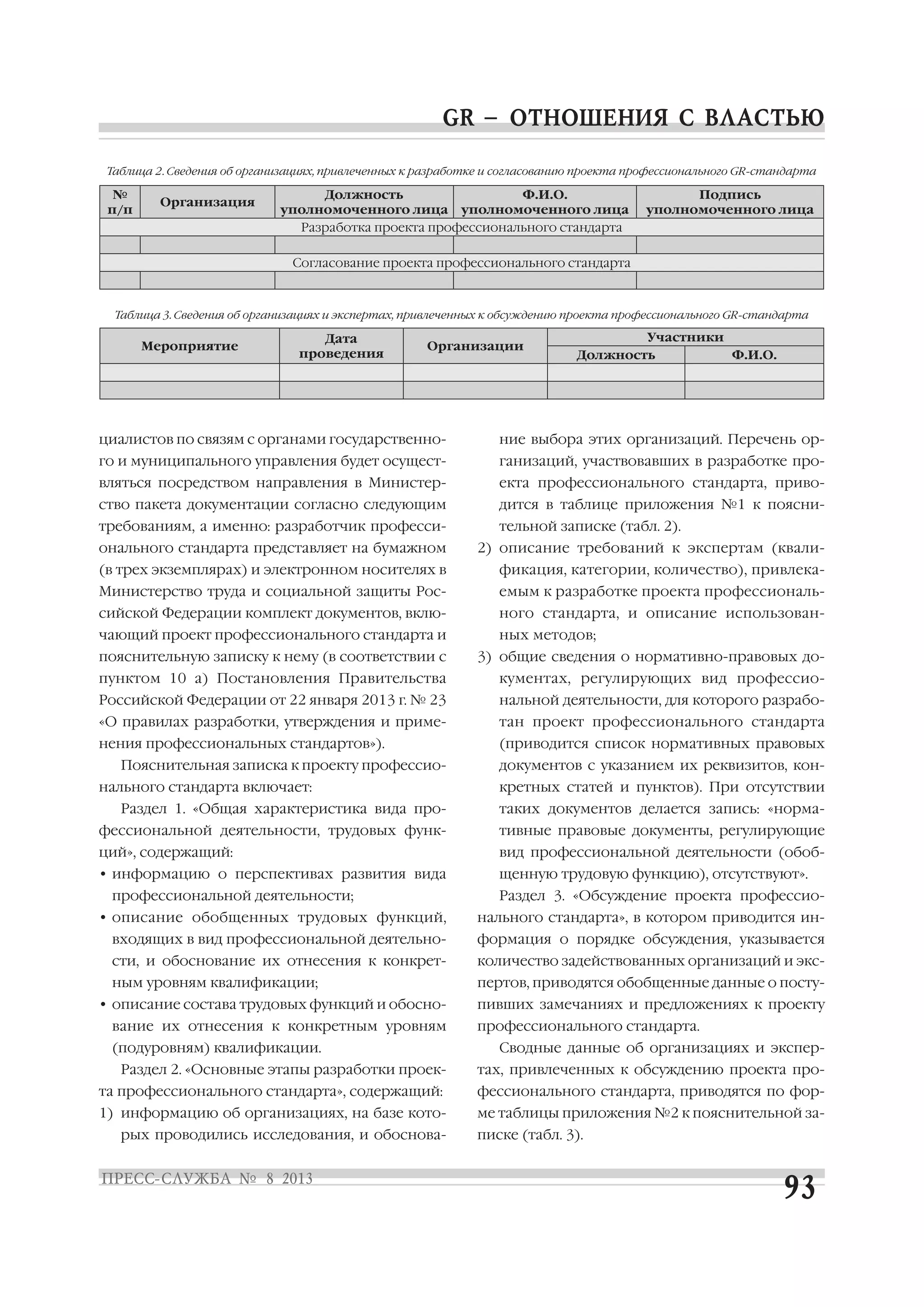 циалистов по связям с органами государственно
го и муниципального управления будет осущест
вляться посредством направления в Министер
ство пакета документации согласно следующим
требованиям, а именно: разработчик професси
онального стандарта представляет на бумажном
(в трех экземплярах) и электронном носителях в
Министерство труда и социальной защиты Рос
сийской Федерации комплект документов, вклю
чающий проект профессионального стандарта и
пояснительную записку к нему (в соответствии с
пунктом 10 а) Постановления Правительства
Российской Федерации от 22 января 2013 г. № 23
«О правилах разработки, утверждения и приме
нения профессиональных стандартов»).
Пояснительная записка к проекту профессио
нального стандарта включает:
Раздел 1. «Общая характеристика вида про
фессиональной деятельности, трудовых функ
ций», содержащий:
• информацию о перспективах развития вида
профессиональной деятельности;
• описание обобщенных трудовых функций,
входящих в вид профессиональной деятельно
сти, и обоснование их отнесения к конкрет
ным уровням квалификации;
• описание состава трудовых функций и обосно
вание их отнесения к конкретным уровням
(подуровням) квалификации.
Раздел 2. «Основные этапы разработки проек
та профессионального стандарта», содержащий:
1) информацию об организациях, на базе кото
рых проводились исследования, и обоснова
ние выбора этих организаций. Перечень ор
ганизаций, участвовавших в разработке про
екта профессионального стандарта, приво
дится в таблице приложения №1 к поясни
тельной записке (табл. 2).
2) описание требований к экспертам (квали
фикация, категории, количество), привлека
емым к разработке проекта профессиональ
ного стандарта, и описание использован
ных методов;
3) общие сведения о нормативно правовых до
кументах, регулирующих вид профессио
нальной деятельности, для которого разрабо
тан проект профессионального стандарта
(приводится список нормативных правовых
документов с указанием их реквизитов, кон
кретных статей и пунктов). При отсутствии
таких документов делается запись: «норма
тивные правовые документы, регулирующие
вид профессиональной деятельности (обоб
щенную трудовую функцию), отсутствуют».
Раздел 3. «Обсуждение проекта профессио
нального стандарта», в котором приводится ин
формация о порядке обсуждения, указывается
количество задействованных организаций и экс
пертов, приводятся обобщенные данные о посту
пивших замечаниях и предложениях к проекту
профессионального стандарта.
Сводные данные об организациях и экспер
тах, привлеченных к обсуждению проекта про
фессионального стандарта, приводятся по фор
ме таблицы приложения №2 к пояснительной за
писке (табл. 3).
№
п/п
Организация
Должность
уполномоченного лица
Ф.И.О.
уполномоченного лица
Подпись
уполномоченного лица
Разработка проекта профессионального стандарта
Согласование проекта профессионального стандарта
Таблица 2. Сведения об организациях, привлеченных к разработке и согласованию проекта профессионального GR стандарта
Мероприятие
Дата
проведения
Организации
Участники
Должность Ф.И.О.
Таблица 3. Сведения об организациях и экспертах, привлеченных к обсуждению проекта профессионального GR стандарта
 