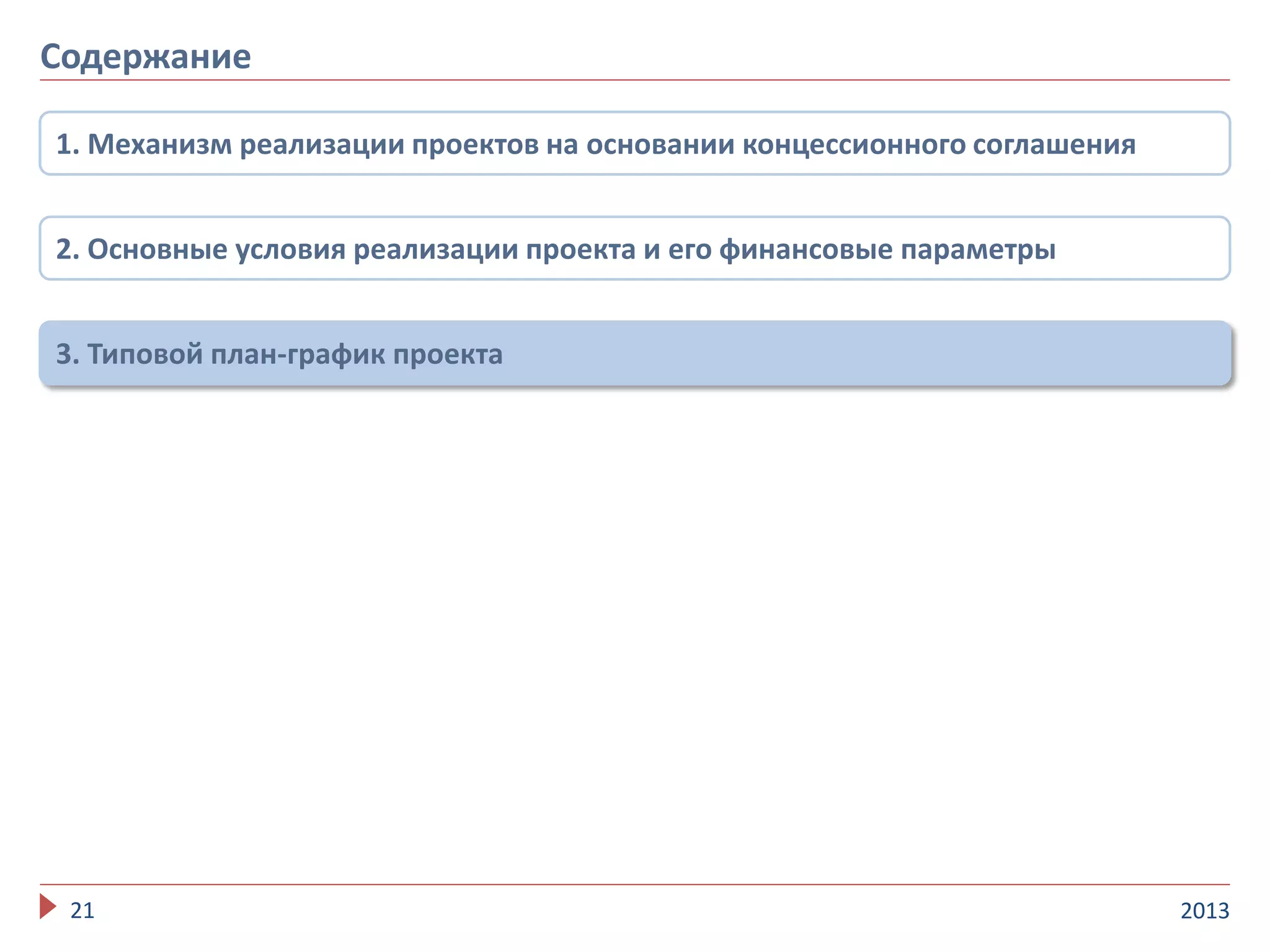 201321
Содержание
1. Механизм реализации проектов на основании концессионного соглашения
2. Основные условия реализации проекта и его финансовые параметры
3. Типовой план-график проекта
 