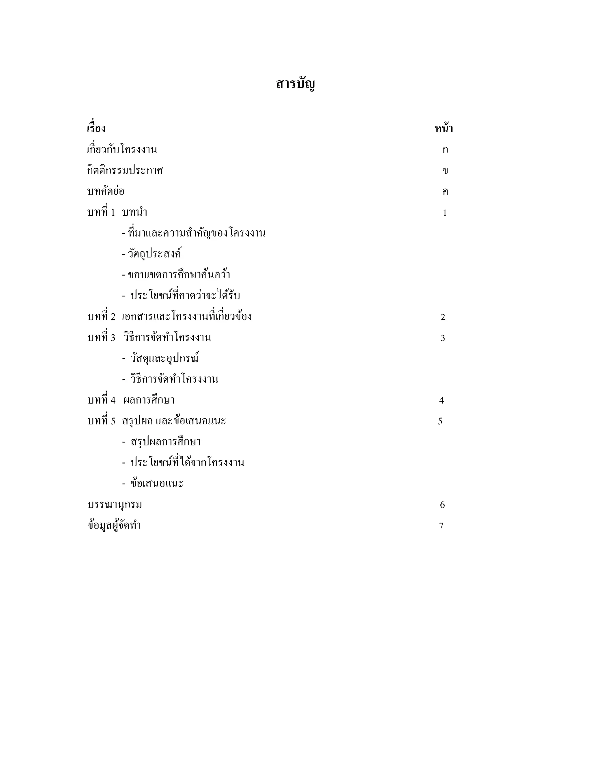 สารบัญ
เรื่อง หน้า
เกี่ยวกับโครงงาน ก
กิตติกรรมประกาศ ข
บทคัดย่อ ค
บทที่ 1 บทนํา 1
- ที่มาและความสําคัญของโครงงาน
- วัตถุประสงค์
- ขอบเขตการศึกษาค้นคว้า
- ประโยชน์ที่คาดว่าจะได้รับ
บทที่ 2 เอกสารและโครงงานที่เกี่ยวข้อง 2
บทที่ 3 วิธีการจัดทําโครงงาน 3
- วัสดุและอุปกรณ์
- วิธีการจัดทําโครงงาน
บทที่ 4 ผลการศึกษา 4
บทที่ 5 สรุปผล และข้อเสนอแนะ 5
- สรุปผลการศึกษา
- ประโยชน์ที่ได้จากโครงงาน
- ข้อเสนอแนะ
บรรณานุกรม 6
ข้อมูลผู้จัดทํา 7
 