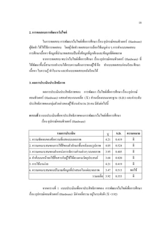 18
2. การทดสอบการพัฒนาเว็บไซต์
ในการทดสอบ การพัฒนาเว็บไซต์เพื่อการศึกษา เรื่อง อุปกรณ์คอมพิวเตอร์ (Hardware)
ผู้จัดทํา ได้ใช้วิธีการทดสอบ โดยผู้จัดทํา ทดสอบการเลือกใช้เมนูต่าง ๆ การทําแบบทดสอบ
การศึกษาเนื้อหา ข้อมูลที่นํามาทดสอบเป็นทั้งข้อมูลที่ถูกต้องและข้อมูลที่ผิดพลาด
จากการทดสอบ พบว่าเว็บไซต์เพื่อการศึกษา เรื่อง อุปกรณ์คอมพิวเตอร์ (Hardware) ที่
ได้พัฒนาขึ้นนี้สามารถทํางานได้ครบความต้องการของผู้ใช้คือ ทําแบบทดสอบก่อนเรียน ศึกษา
เนื้อหา ใบความรู้ ทําใบงาน และทําแบบทดสอบหลังเรียนได้
3. ผลการประเมินประสิทธิภาพ
ผลการประเมินประสิทธิภาพของ การพัฒนา เว็บไซต์เพื่อการศึกษา เรื่อง อุปกรณ์
คอมพิวเตอร์ (Hardware) แสดงค่าคะแนนเฉลี่ย (X) ส่วนเบี่ยงเบนมาตรฐาน (S.D.) และค่าระดับ
ประสิทธิภาพของกลุ่มตัวอย่างของผู้ใช้งานจํานวน 20 คน มีดังต่อไปนี้
ตารางที่ 1 แบบประเมินเพื่อหาประสิทธิภาพของการพัฒนาเว็บไซต์เพื่อการศึกษา
เรื่อง อุปกรณ์คอมพิวเตอร์ (Hardware)
รายการประเมิน X S.D. ความหมาย
1. ความชัดเจนของข้อความที่แสดงบนจอภาพ 4.21 0.419 ดี
2. ความเหมาะสมของการใช้สีของตัวอักษรพื้นหลังและรูปภาพ 4.05 0.524 ดี
3. ความเหมาะสมของตําแหน่งการจัดวางส่วนต่างๆ บนจอภาพ 3.95 0.405 ดี
4. คําสั่งบนหน้าจอใช้สื่อสารกับผู้ใช้ได้ตรงตามวัตถุประสงค์ 3.68 0.820 ดี
5. การใช้งานง่าย 4.21 0.419 ดี
6. ความเหมาะสมของปริมาณข้อมูลที่นําเสนอในแต่ละจอภาพ 3.47 0.513 พอใช้
รวมเฉลี่ย 3.92 0.353 ดี
จากตารางที่ 1 แบบประเมินเพื่อหาประสิทธิภาพของ การพัฒนาเว็บไซต์เพื่อการศึกษา
เรื่อง อุปกรณ์คอมพิวเตอร์ (Hardware) มีค่าเฉลี่ยรวม อยู่ในระดับดี (X=3.92)
 