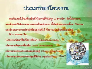 ประเภทของโครงงำน
คอมพิวเตอร์เป็นเครื่องมือที่ใช้ในงานวิจัยในทุก ๆ สาขาวิชา ดังนั้นโครงงาน
คอมพิวเตอร์จึงมีความหลากหลายเป็นอย่างมาก ทั้งในลักษณะของเนื้อหา กิจกรรม
และลักษณะของประโยชน์หรือผลงานที่ได้ ซึ่งอาจแบ่งเป็นประเภทใหญ่
ได้ 5 ประเภท คือ
1.โครงงานพัฒนาสื่อเพื่อการศึกษา (Educational Media)
2.โครงงานพัฒนาเครื่องมือ (Tools Development)
3.โครงงานประเภทการทดลองทฤษฎี (Theory Experiment)
4.โครงงานประเภทการประยุกต์ใช้งาน (Application)
 