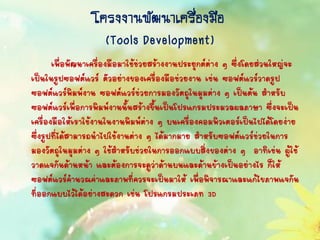 โครงงำนพัฒนำเครื่องมือ
(Tools Development)
เพื่อพัฒนาเครื่องมือมาใช้ช่วยสร้างงานประยุกต์ต่าง ๆ ซึ่งโดยส่วนใหญ่จะ
เป็นในรูปซอฟต์แวร์ ตัวอย่างของเครื่องมือช่วยงาน เช่น ซอฟต์แวร์วาดรูป
ซอฟต์แวร์พิมพ์งาน ซอฟต์แวร์ช่วยการมองวัตถุในมุมต่าง ๆ เป็นต้น สาหรับ
ซอฟต์แวร์เพื่อการพิมพ์งานนั้นสร้างขึ้นเป็นโปรแกรมประมวลผลภาษา ซึ่งจะเป็น
เครื่องมือให้เราใช้งานในงานพิมพ์ต่าง ๆ บนเครื่องคอมพิวเตอร์เป็นไปได้โดยง่าย
ซึ่งรูปที่ได้สามารถนาไปใช้งานต่าง ๆ ได้มากมาย สาหรับซอฟต์แวร์ช่วยในการ
มองวัตถุในมุมต่าง ๆ ใช้สาหรับช่วยในการออกแบบสิ่งของต่าง ๆ อาทิเช่น ผู้ใช้
วาดแจกันด้านหน้า และต้องการจะดูว่าด้านบนและด้านข้างเป็นอย่างไร ก็ให้
ซอฟต์แวร์คานวณค่าและภาพที่ควรจะเป็นมาให้ เพื่อพิจารณาและแก้ไขภาพแจกัน
ที่ออกแบบไว้ได้อย่างสะดวก เช่น โปรแกรมประเภท 3D
 
