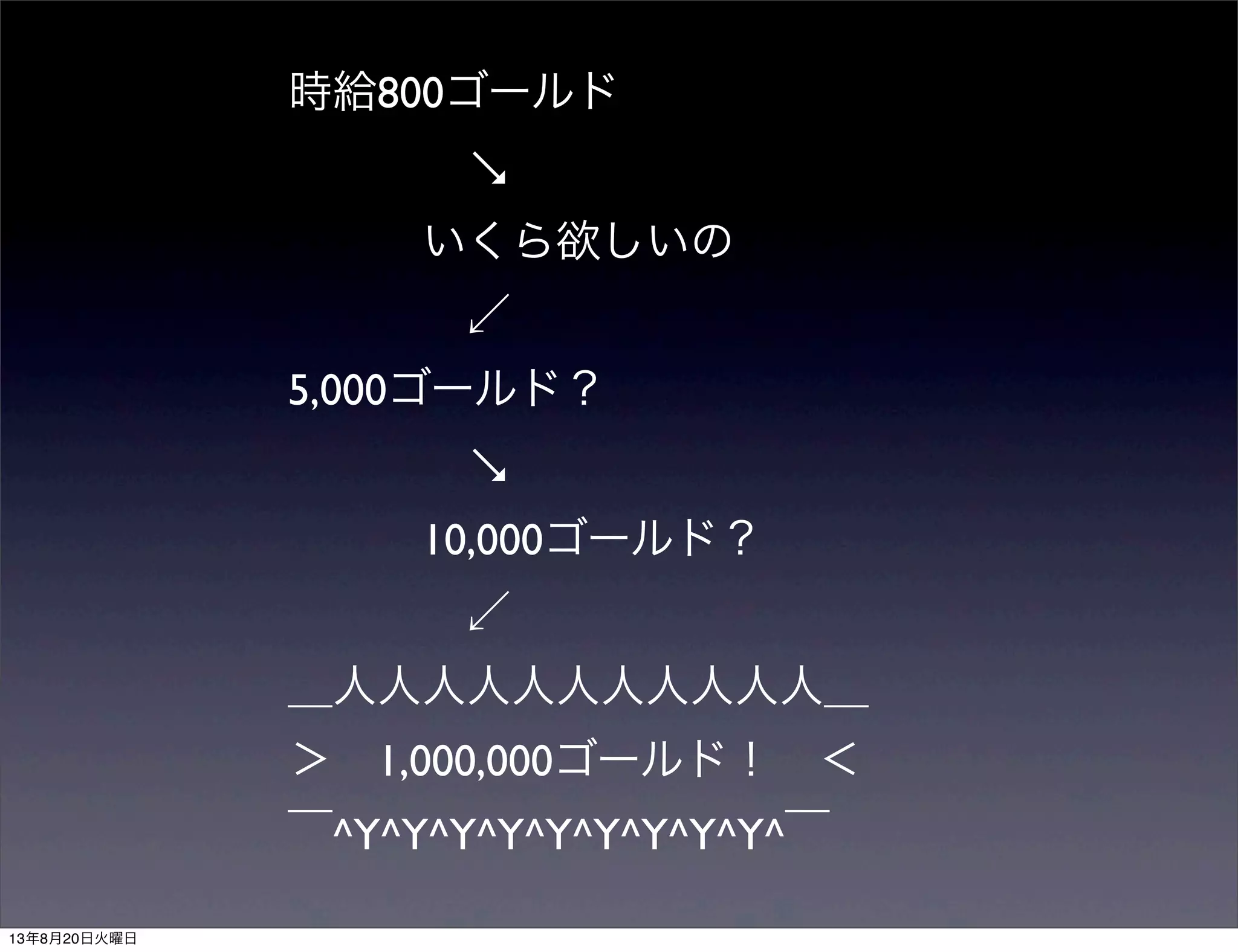 時給800ゴールド
    ↘
   いくら欲しいの
    ↙
5,000ゴールド？
    ↘
   10,000ゴールド？
    ↙
＿人人人人人人人人人人人＿
＞ 1,000,000ゴールド！ ＜
￣^Y^Y^Y^Y^Y^Y^Y^Y^Y^￣
13年8月20日火曜日
 