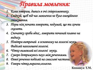 Конашук Т.М.
Правила мовлення:
1. Коли говориш, дивись в очі співрозмовнику.
2. Слідкуй, щоб під час мовлення не було емоційного
спілкування.
3. Перш ніж почати говорити, подумай, що ти хочеш
сказати.
4. Спочатку зроби вдих , говорити починай плавно на
видиху.
5. Повітря витрачай в основному на голосні звуки.
Виділяй наголошені голосні.
6. Чітко вимовляй всі голосні звуки.
7. Суворо дотримуюсь пауз між реченнями.
8. Довгі речення поділяй на смислові частини.
9. Говори чітко,виразно,голосно.
 
