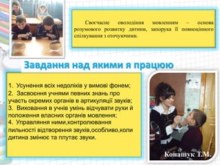 Своєчасне оволодіння мовленням – основа
розумового розвитку дитини, запорука її повноцінного
спілкування з оточуючими.
Завдання над якими я працюю
1. Усунення всіх недоліків у вимові фонем;
2. Засвоєння учнями певних знань про
участь окремих органів в артикуляції звуків;
3. Виховання в учнів умінь відчувати рухи й
положення власних органів мовлення;
4. Управляння ними,контролювання
пильності відтворення звуків,особливо,коли
дитина змінює та плутає звуки.
Конашук Т.М.
 