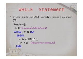 WHILE StatementWHILE StatementWHILE StatementWHILE Statement
• ตัวอย่าง ให้พิมพ์คําว่า Hello จํานวน N บรรทัด ค่า N ถูกป้ อนโดย
ผู้ใช้
Readln(N);
i := 1; {กําหนดรอบเริมต้นให้กับตัวแปร i}
WHILE i <= N DO
BEGIN
writeln(‘HELLO’);
i := i + 1; {เพิมรอบการทํางานให้ตัวแปร i}
END;
 