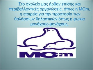 Στο σχολείο μας ήρθαν επίσης και
περιβαλλοντικές οργανώσεις, όπως η MΟm,
η εταιρεία για την προστασία των
θαλάσσιων θηλαστικών όπως η φώκια
μονάχους-μονάχους,
 