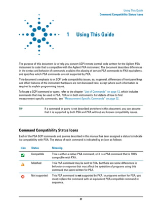 31
Using This Guide
Command Compatibility Status Icons
1 Using This Guide
The purpose of this document is to help you conv...