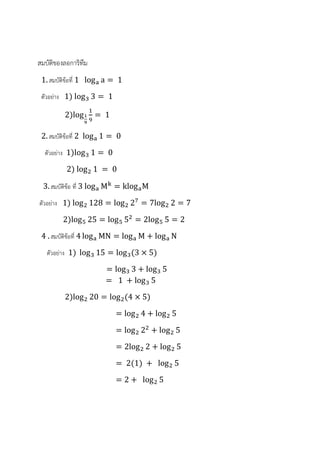 สมบัติของลอการิทึม
	1. สมบัติขอที่	1			log a = 	1
ตัวอยาง			1)	log 3 = 	1
2)log = 	1
2. สมบัติขอที่	2		log 1 = 	0
ตัวอยาง		1)log 1 = 	0
2)	log 1	 = 	0
	3. สมบัติขอ	ที่	3	log M = klog M
ตัวอยาง			1)	log 128 = log 2 = 7log 2 = 7
	2)log 25 = log 5 = 2log 5 = 2
4	. สมบัติขอที่	4 log MN = log M + log N
					ตัวอยาง		1)	log 15 = log (3 × 5)
= log 3 + log 5
																																					= 		1	 + log 5
2)log 20 = log (4 × 5)
= log 4 + log 5
= log 2 + log 5
= 2log 2 + log 5
= 	2(1)	+ 		log 5
= 2 + 		log 5
 