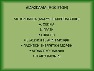 ΔΙΔΑΣΚΑΛΙΑ (9-10 ΕΤΩΝ)
ΜΕΘΟΔΟΛΟΓΙΑ (ΑΝΑΛΥΤΙΚΘ-Ρ΢ΟΟΔΕΥΤΙΚΘ)
Α. ΘΕΩ΢ΙΑ
Β. Ρ΢ΑΞΘ
 ΕΡΙΔΕΙΞΘ
 ΕΞΑΣΚΘΣΘ ΣΕ ΑΡΛΘ ΜΟ΢ΦΘ
 ΡΑΘΘΤΙΚΘ-ΕΝΕ΢ΓΘΤΙΚΘ ΜΟ΢ΦΘ
 ΑΓΩΝΙΣΤΙΚΟ ΡΑΙΧΝΙΔΙ
 ΤΕΛΙΚΟ ΡΑΙΧΝΙΔΙ
 