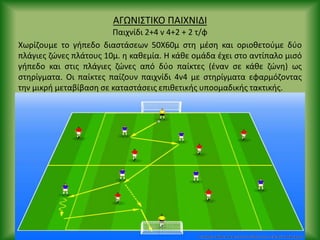 ΑΓΩΝΙΣΤΙΚΟ ΡΑΙΧΝΙΔΙ
Ραιχνίδι 2+4 v 4+2 + 2 τ/φ
Χωρίηουμε το γιπεδο διαςτάςεων 50Χ60μ ςτθ μζςθ και οριοκετοφμε δφο
πλάγιεσ ηϊνεσ πλάτουσ 10μ. θ κακεμία. Θ κάκε ομάδα ζχει ςτο αντίπαλο μιςό
γιπεδο και ςτισ πλάγιεσ ηϊνεσ από δφο παίκτεσ (ζναν ςε κάκε ηϊνθ) ωσ
ςτθρίγματα. Οι παίκτεσ παίηουν παιχνίδι 4v4 με ςτθρίγματα εφαρμόηοντασ
τθν μικρι μεταβίβαςθ ςε καταςτάςεισ επικετικισ υποομαδικισ τακτικισ.
 