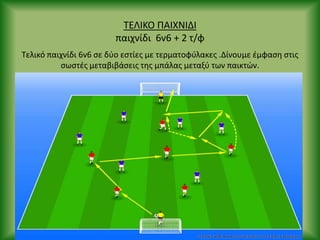 ΤΕΛΙΚΟ ΡΑΙΧΝΙΔΙ
παιχνίδι 6v6 + 2 τ/φ
Τελικό παιχνίδι 6v6 ςε δφο εςτίεσ με τερματοφφλακεσ .Δίνουμε ζμφαςθ ςτισ
ςωςτζσ μεταβιβάςεισ τθσ μπάλασ μεταξφ των παικτϊν.
 