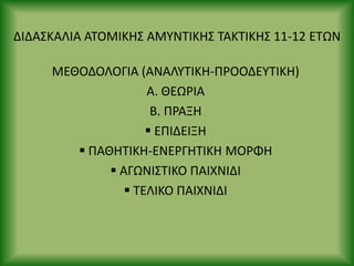ΔΙΔΑΣΚΑΛΙΑ ΑΤΟΜΙΚΘΣ ΑΜΥΝΤΙΚΘΣ ΤΑΚΤΙΚΘΣ 11-12 ΕΤΩΝ
ΜΕΘΟΔΟΛΟΓΙΑ (ΑΝΑΛΥΤΙΚΘ-Ρ΢ΟΟΔΕΥΤΙΚΘ)
Α. ΘΕΩ΢ΙΑ
Β. Ρ΢ΑΞΘ
 ΕΡΙΔΕΙΞΘ
 ΡΑΘΘΤΙΚΘ-ΕΝΕ΢ΓΘΤΙΚΘ ΜΟ΢ΦΘ
 ΑΓΩΝΙΣΤΙΚΟ ΡΑΙΧΝΙΔΙ
 ΤΕΛΙΚΟ ΡΑΙΧΝΙΔΙ
 