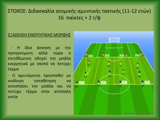 ΣΤΟΧΟΣ: Διδαςκαλία ατομικισ αμυντικισ τακτικισ (11-12 ετϊν)
16 παίκτεσ + 2 τ/φ
ΕΞΑΣΚΘΣΘ ΕΝΕ΢ΓΘΤΙΚΘΣ ΜΟ΢ΦΘΣ
- Θ ίδια άςκθςθ με τθν
προθγοφμενθ αλλά τϊρα ο
επιτικζμενοσ οδθγεί τθν μπάλα
ενεργθτικά με ςκοπό να πετφχει
τζρμα
- Ο αμυνόμενοσ προςπακεί με
ανάλογθ τοποκζτθςθ να
αποςπάςει τθν μπάλα και να
πετφχει τζρμα ςτθν αντίπαλθ
εςτία
 