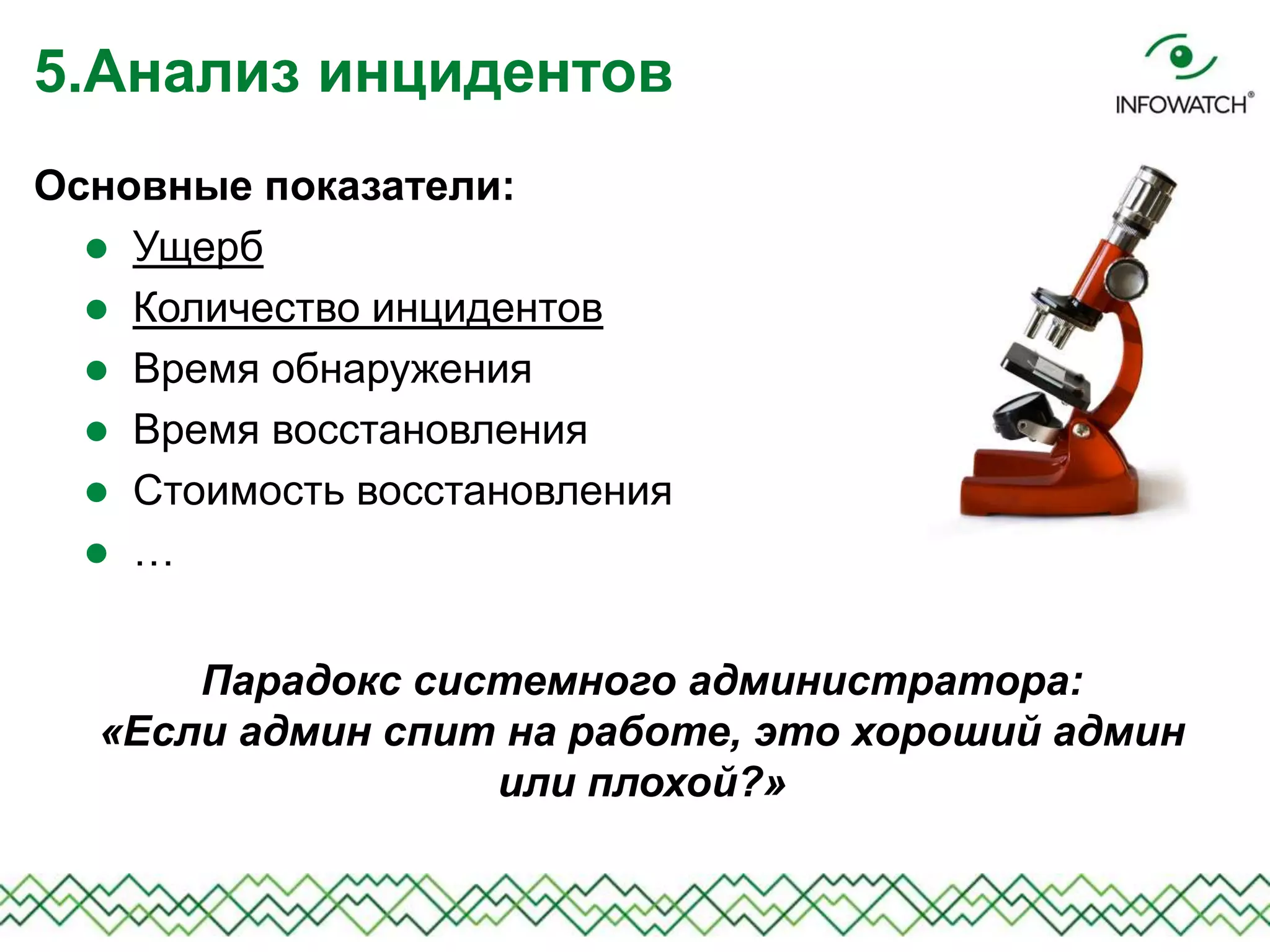 Основные показатели:
 Ущерб
 Количество инцидентов
 Время обнаружения
 Время восстановления
 Стоимость восстановления
 …
5.Анализ инцидентов
Парадокс системного администратора:
«Если админ спит на работе, это хороший админ
или плохой?»
 