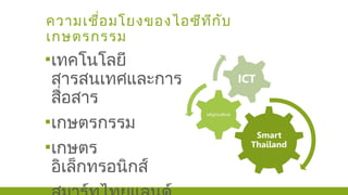 ความเชื่อมโยงของไอซีทีกับ
เกษตรกรรม
▪เทคโนโลยี
สารสนเทศและการ
สื่อสาร
▪เกษตรกรรม
▪เกษตร
อิเล็กทรอนิกส์
 