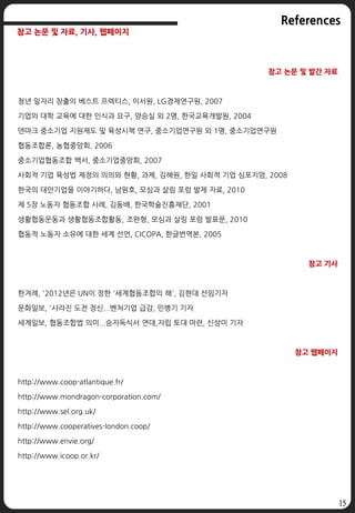 15
참고 논문 및 발간 자료
청년 일자리 창출의 베스트 프렉티스, 이서원, LG경제연구원, 2007
기업의 대학 교육에 대한 인식과 요구, 양승실 외 2명, 한국교육개발원, 2004
덴마크 중소기업 지원제도 및 육성시책 연구, 중소기업연구원 외 1명, 중소기업연구원
협동조합론, 농협중앙회, 2006
중소기업협동조합 백서, 중소기업중앙회, 2007
사회적 기업 육성법 제정의 의의와 현황, 과제, 김혜원, 한일 사회적 기업 심포지엄, 2008
한국의 대안기업을 이야기하다, 남원호, 모심과 살림 포럼 발제 자료, 2010
제 5장 노동자 협동조합 사례, 김동배, 한국학술진흥재단, 2001
생활협동운동과 생활협동조합활동, 조완형, 모심과 살림 포럼 발표문, 2010
협동적 노동자 소유에 대한 세계 선언, CICOPA, 한글번역본, 2005
참고 기사
한겨례, '2012년은 UN이 정한 '세계협동조합의 해', 김현대 선임기자
문화일보, '사라진 도전 정신...벤처기업 급감, 민병기 기자
세계일보, 협동조합법 의미...승자독식서 연대,자립 토대 마련, 신상미 기자
참고 웹페이지
http://www.coop-atlantique.fr/
http://www.mondragon-corporation.com/
http://www.sel.org.uk/
http://www.cooperatives-london.coop/
http://www.envie.org/
http://www.icoop.or.kr/
References
참고 논문 및 자료, 기사, 웹페이지
 