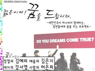 젊은이여! 립니다.을
JOB KOREA, Global Frontier
-대한민국이 하나되어 함께하는,
청년들에게 꿈을 주는 프로젝트-
정열의 김혜리 예술의 김은지
재치의 강서영 사랑의 허은회 1
 