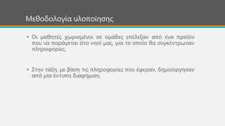 Μεζνδνινγία πινπνίεζεο
• Οη καζεηέο ρσξηζκέλνη ζε νκάδεο επέιεμαλ από έλα πξντόλ
πνπ λα παξάγεηαη ζην λεζί καο, γηα ην νπνίν ζα ζπγθέληξσλαλ
πιεξνθνξίεο.
• ΢ηελ ηάμε, κε βάζε ηηο πιεξνθνξίεο πνπ έθεξαλ, δεκηνύξγεζαλ
από κία έληππε δηαθήκηζε.
 