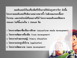 คอมพิวเตอร์เป็นเครื่องมือที่ใช้ในงานวิจัยในทุกสาขาวิชา ดังนั้น
โครงงานคอมพิวเตอร์จึงมีความหลากหลายทั้ง ในลักษณะของเนื้อหา
กิจกรรม และประโยชน์หรือผลงานที่ได้ โครงงานคอมพิวเตอร์มีหลาย
ประเภท ในที่นี้แบ่งเป็น 5 ประเภท คือ
1. โครงงานพัฒนาสื่อเพื่อการศึกษา (Educational Media Development)
2. โครงงานพัฒนาเครื่องมือ (Tools Development)
3. โครงงานจาลองทฤษฏี (Theory Simulation)
4. โครงงานประยุกต์ใช้งาน (Application)
5. โครงงานพัฒนาเกม (Game Development)
 
