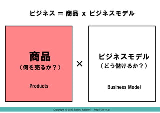 ビジネス ＝ 商品 ｘ ビジネスモデル

商品
（何を売るか？）

×

Products

ビジネスモデル
（どう儲けるか？）

Business Model

Copyright © 2013 Satoru Itabashi
Copyrig...
