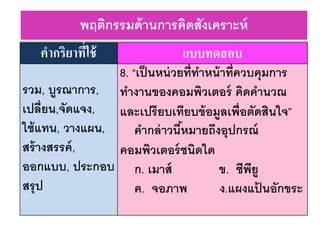 พฤติกรรมด้านการคิดสังเคราะห์
คากริยาที่ใช้ แบบทดสอบ
รวม, บูรณาการ,
เปลี่ยน,จัดแจง,
ใช้แทน, วางแผน,
สร้างสรรค์,
ออกแบบ, ประกอบ
สรุป
8. “เป็นหน่วยที่ทาหน้าที่ควบคุมการ
ทางานของคอมพิวเตอร์ คิดคานวณ
และเปรียบเทียบข้อมูลเพื่อตัดสินใจ”
คากล่าวนี้หมายถึงอุปกรณ์
คอมพิวเตอร์ชนิดใด
ก. เมาส์ ข. ซีพียู
ค. จอภาพ ง.แผงแป้ นอักขระ
 
