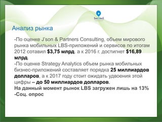 Анализ рынка
-По оценке J’son & Partners Consulting, объем мирового
рынка мобильных LBS-приложений и сервисов по итогам
2012 сотавил $3,75 млрд. а к 2016 г. достигнет $16,89
млрд.
-По оценке Strategy Analytics объем рынка мобильных
бизнес-приложений составляет порядка 25 миллиардов
долларов, а к 2017 году стоит ожидать удвоения этой
цифры – до 50 миллиардов долларов.
На данный момент рынок LBS загружен лишь на 13%
-Соц. опрос
 