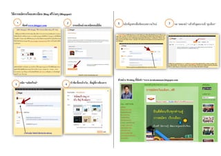 วิธีการสมัครหรือลงทะเบียน Blog ฟรีง่ายๆ (Blogspot)
พิมพ์ www.blogger.com กรอกอีเมล์ และคลิกแถบสีส้ม
คลิก “บล็อกใหม่” หัวข้อ/ชื่อหน้าเว็บ , ที่อยู่ที่เราต้องการ
คลิกที่ลูกศรเพื่อเขียนบทความใหม่ กด “เผยแพร่” แล้วเข้าดูผลงานที่ “ดูบล็อก”
ตัวอย่าง Weblog ที่จัดทา “www.krukomnuan.blogspot.com
5 7
6
1 2
3 4
 