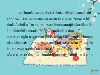 อาเซียนหรือ สมาคมประชาชาติแห่งเอเชียตะวันออกเฉียงใต้
(ASEAN : The Association of South East Asian Nations) ได้
ก่อตั้งเมื่อวันที่ 8 สิงหาคม พ.ศ.2510 โดยประเทศผู้ก่อตั้งอาเซียน คือ
ไทย อินโดนีเซีย มาเลเซีย ฟิลิปปินส์ และสิงคโปร์ ต่อมาในปี
พ.ศ.2527 บรูไน ดารุสซาลาม ได้เข้ามาเป็นสมาชิก ตามด้วยเวียดนาม
เข้ามาเป็นสมาชิกเมื่อ พ.ศ. 2538 ขณะที่พม่าและลาวเข้ามาเป็นสมาชิก
ใน พ.ศ.2540 และประเทศสุดท้ายคือกัมพูชา เข้าเป็นสมาชิกอาเซียน
เมื่อ พ.ศ. 2542 ปัจจุบันอาเซียนมีประเทศสมาชิกทั้งหมด 10 ประเทศ
 