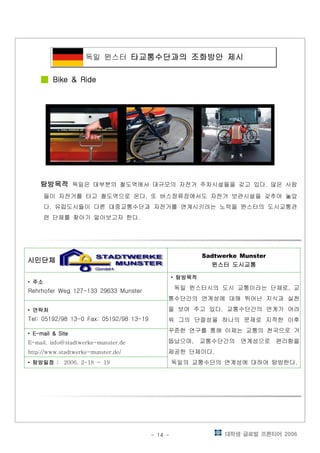 대학생 글로벌 프론티어 2006- 14 -
독일 뮌스터 타교통수단과의 조화방안 제시타교통수단과의 조화방안 제시타교통수단과의 조화방안 제시타교통수단과의 조화방안 제시
Bike & RideBike & RideBike & RideBike & Ride
탐방목적탐방목적탐방목적탐방목적탐방목적탐방목적탐방목적탐방목적탐방목적탐방목적탐방목적탐방목적 독일은 대부분의 철도역에서 대규모의 자전거 주차시설들을 갖고 있다 많은 사람.
들이 자전거를 타고 철도역으로 온다 또 버스정류장에서도 자전거 보관시설을 갖추어 놓았.
다 유럽도시들이 다른 대중교통수단과 자전거를 연계시키려는 노력을 뮌스터의 도시교통관.
련 단체를 찾아가 알아보고자 한다.
시민단체시민단체시민단체시민단체시민단체시민단체시민단체시민단체시민단체시민단체시민단체시민단체
Sadtwerke Munster
뮌스터 도시교통뮌스터 도시교통뮌스터 도시교통뮌스터 도시교통
• 주소주소주소주소
Rehrhofer Weg 127-133 29633 Munster
• 탐방목적탐방목적탐방목적탐방목적
독일 뮌스터시의 도시 교통이라는 단체로 교,
통수단간의 연계성에 대해 뛰어난 지식과 실천
을 보여 주고 있다 교통수단간의 연계가 어려.
워 그의 단절성을 하나의 문제로 지적한 이후
꾸준한 연구를 통해 이제는 교통의 천국으로 거
듭났으며 교통수단간의 연계성으로 편리함을,
제공한 단체이다.
독일의 교통수단의 연계성에 대하여 탐방한다.
• 연락처연락처연락처연락처
Tel: 05192/98 13-0 Fax: 05192/98 13-19
• E-mail & SiteE-mail & SiteE-mail & SiteE-mail & Site
E-mail. info@stadtwerke-munster.de
http://www.stadtwerke-munster.de/
• 탐방일정탐방일정탐방일정탐방일정 :::: 2006. 2-18 ~ 19
 