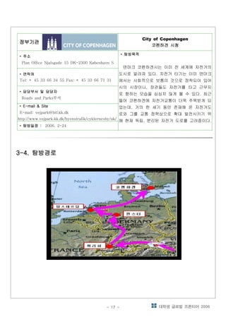 대학생 글로벌 프론티어 2006- 17 -
정부기관정부기관정부기관정부기관정부기관정부기관정부기관정부기관정부기관정부기관정부기관정부기관
City of Copenhagen
코펜하겐 시청코펜하겐 시청코펜하겐 시청코펜하겐 시청
• 주소주소주소주소
Plan Office Njalsgade 15 DK-2300 København S
• 탐방목적탐방목적탐방목적탐방목적
덴마크 코펜하겐시는 이미 전 세계에 자전거의
도시로 알려져 있다 자전거 타기는 이미 덴마크.
에서는 사회적으로 보통의 것으로 정착되어 있어
시의 시장이나 장관들도 자전거를 타고 근무지,
로 향하는 모습을 심심치 않게 볼 수 있다 최근.
들어 코펜하겐에 자전거교통이 더욱 주목받게 되
었는데 거의 한 세기 동안 존재해 온 자전거도,
로와 그를 교통 정책상으로 확대 발전시키기 위
해 현재 독립 분리된 자전거 도로를 고려중이다, .
• 연락처연락처연락처연락처
Tel: + 45 33 66 34 55 Fax: + 45 33 66 71 31
• 담당부서 및 담당자담당부서 및 담당자담당부서 및 담당자담당부서 및 담당자
부서Roads and Parks
• E-mail & SiteE-mail & SiteE-mail & SiteE-mail & Site
E-mail: vejpark@btf.kk.dk
http://www.vejpark.kk.dk/byenstrafik/cyklernesby/uk/
• 탐방일정탐방일정탐방일정탐방일정 :::: 2006. 2-24
탐방경로탐방경로탐방경로탐방경로3-4.3-4.3-4.3-4. 탐방경로탐방경로탐방경로탐방경로3-4.3-4.3-4.3-4.
 