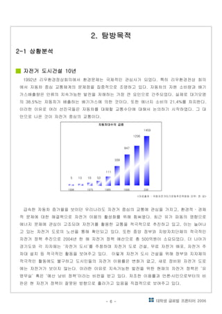 대학생 글로벌 프론티어 2006- 6 -
탐방목적탐방목적탐방목적탐방목적2.2.2.2. 탐방목적탐방목적탐방목적탐방목적2.2.2.2.
상황분석상황분석상황분석상황분석2-12-12-12-1 상황분석상황분석상황분석상황분석2-12-12-12-1
자전거 도시건설 년자전거 도시건설 년자전거 도시건설 년자전거 도시건설 년10101010
년 리우환경정상회의에서 환경문제는 국제적인 관심사가 되었다 특히 리우환경전상 회의1992 .
에서 자동차 중심 교통체계의 문제점을 집중적으로 조명하고 있다 자동차의 자원 소비량과 배기.
가스배출량은 인류의 지속가능한 발전을 저해하는 가장 큰 요인으로 간주되었다 실제로 대기오염.
의 는 자동차가 배출하는 배기가스에 의한 것이다 또한 에너지 소비의 를 차지한다38.5% . 21.4% .
이러한 이유로 여러 선진국들은 자동차를 대체할 교통수단에 대해서 논의하기 시작하였다 그 대.
안으로 나온 것이 자전거 중심의 교통이다.
자동차대수의 급증자동차대수의 급증자동차대수의 급증자동차대수의 급증
1459
1206
847
339
111
5 13 19 53
1996 1975 1985 1995 200
자료출처 국회자전거타기운동추진위원회 단위 천 대< : : >
급속한 자동차 증가율을 보이던 우리나라도 자전거 중심의 교통에 관심을 가지고 환경적 경제,
적 문제에 대한 해결책으로 자전거 이용의 활성화를 위해 힘써왔다 최근 유가 파동의 영향으로.
에너지 문제에 관심이 고조되며 자전거를 활용한 교통을 적극적으로 추진하고 있고 이는 늘어나,
고 있는 자전거 도로의 노선을 통해 확인되고 있다 또한 중앙 정부와 지방자치단체의 적극적인.
자전거 정책 추진으로 년 한 해 자전거 정책 예산으로 총 억원이 소요되었다 더 나아가2004 500 .
경기도와 각 지자체는 자전거 도시 를 주창하며 자전거 도로 건설 무료 자전거 배포 자전거 주‘ ’ , ,
차대 설치 등 적극적인 활동을 보여주고 있다 이렇게 자전거 도시 건설을 위해 정부와 지자체의.
적극적인 활동에도 불구하고 도시민들의 자전거 이용률은 변화가 없고 새로 정비된 자전거 도로,
에는 자전거가 보이지 않는다 이러한 이유로 지속가능한 발전을 위한 현재의 자전거 정책은 유. ‘
명무실 혹은 예산 낭비 정책 이라는 비판을 받고 있다 저조한 이용률과 언론 시민으로부터의 비’ ‘ ’ .
판은 현 자전거 정책이 잘못된 방향으로 흘러가고 있음을 직접적으로 보여주고 있다.
 
