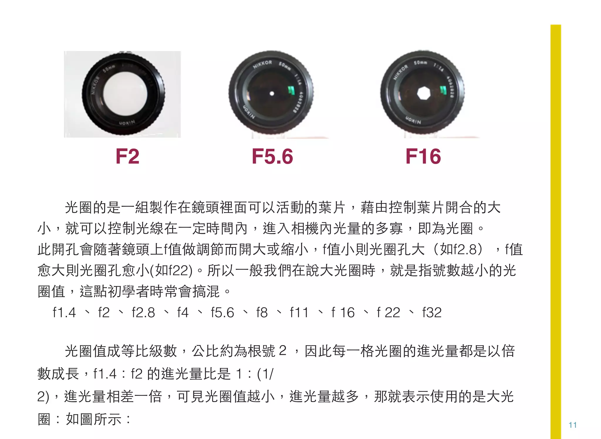 11
! !!
光圈的是⼀一組製作在鏡頭裡面可以活動的葉片，藉由控制葉片開合的大
小，就可以控制光線在⼀一定時間內，進入相機內光量的多寡，即為光圈。 
此開孔會隨著鏡頭上f值做調節而開大或縮小，f值小則光圈孔大（如f2.8），f值
愈大則光圈孔愈小(如f22)。所以⼀一般我們在說大光圈時，就是指號數越小的光
圈值，這點初學者時常會搞混。
f1.4 、 f2 、 f2.8 、 f4 、 f5.6 、 f8 、 f11 、 f 16 、 f 22 、 f32
光圈值成等比級數，公比約為根號２，因此每⼀一格光圈的進光量都是以倍
數成長，f1.4：f2 的進光量比是 1：(1/
2)，進光量相差⼀一倍，可見光圈值越小，進光量越多，那就表示使用的是大光
圈：如圖所示：
F2 F5.6 F16
 