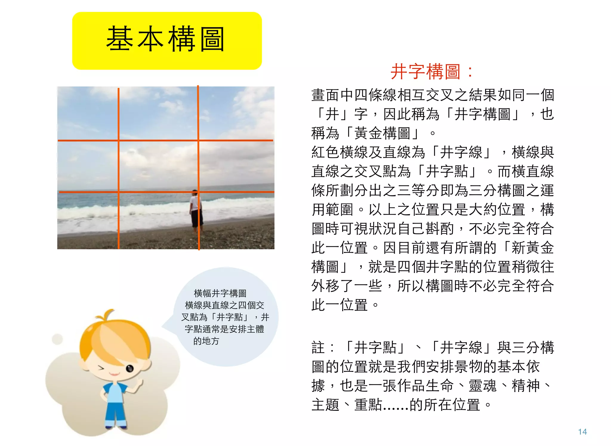 14
井字構圖：
畫面中四條線相互交叉之結果如同⼀一個
「井」字，因此稱為「井字構圖」，也
稱為「黃金構圖」。  
紅色橫線及直線為「井字線」，橫線與
直線之交叉點為「井字點」。而橫直線
條所劃分出之三等分即為三分構圖之運
用範圍。以上之位置只是大約位置，構
圖時可視狀況自己斟酌，不必完全符合
此⼀一位置。因目前還有所謂的「新黃金
構圖」，就是四個井字點的位置稍微往
外移了⼀一些，所以構圖時不必完全符合
此⼀一位置。
註：「井字點」、「井字線」與三分構
圖的位置就是我們安排景物的基本依
據，也是⼀一張作品生命、靈魂、精神、
主題、重點......的所在位置。
橫幅井字構圖
橫線與直線之四個交
叉點為「井字點」，井
字點通常是安排主體
的地方
基本構圖
 