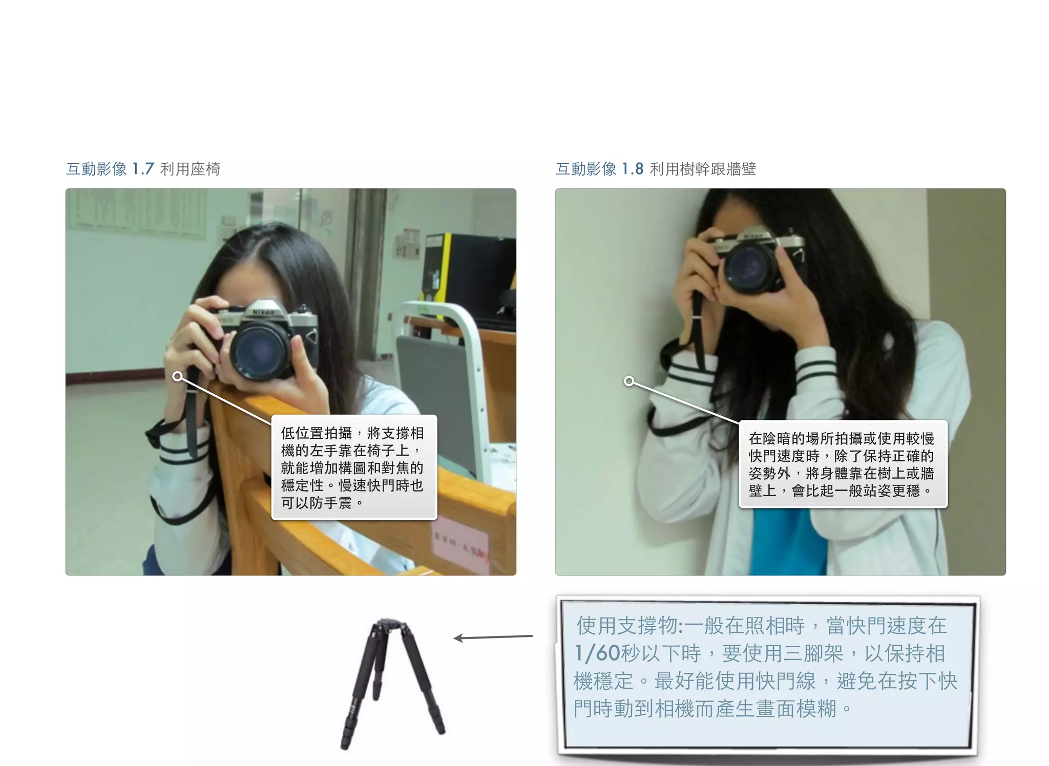 低位置拍攝，將支撐相
機的左手靠在椅子上，
就能增加構圖和對焦的
穩定性。慢速快門時也
可以防手震。 
互動影像 1.7 利用座椅
在陰暗的場所拍攝或使用較慢
快門速度時，除了保持正確的
姿勢外，將身體靠在樹上或牆
壁上，會比起⼀一般站姿更穩。
互動影像 1.8 利用樹幹跟牆壁
使用支撐物:⼀一般在照相時，當快門速度在
1/60秒以下時，要使用三腳架，以保持相
機穩定。最好能使用快門線，避免在按下快
門時動到相機而產生畫面模糊。
 