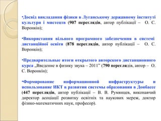 •Досвід викладання фізики в Луганському державному інституті
культури і мистецтв (907 переглядів, автор публікації – О. С.
Воронкін);
•Використання вільного програмного забезпечення в системі
дистанційної освіти (878 переглядів, автор публікації – О. С.
Воронкін);
•Предварительные итоги открытого авторского дистанционного
курса „Введение в физику звука – 2011” (790 переглядів, автор – О.
С. Воронкін);
•Формирование информационной инфраструктуры и
использование ИКТ в развитии системы образования в Донбассе
(447 переглядів, автор публікації – В. В. Румянцев, виконавчий
директор асоціації розвитку освітніх та наукових мереж, доктор
фізико-математичних наук, професор).
 