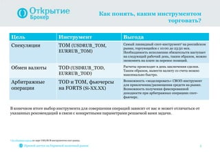 Как понять, каким инструментом
торговать?
Прямой доступ на биржевой валютный рынок 5
Цель Инструмент Выгода
Спекуляции TOM (USDRUB_TOM,
EURRUB_TOM)
Самый ликвидный спот-инструмент1 на российском
рынке, торгующийся с 10:00 до 23:50 мск.
Необходимость исполнения обязательств наступает
на следующий рабочий день, таким образом, можно
экономить на плате за перенос позиций.
Обмен валюты TOD (USDRUB_TOD,
EURRUB_TOD)
Расчеты происходят в день заключения сделки.
Таким образом, вывести валюту со счета можно
максимально быстро.
Арбитражные
операции
TOD и TOM, фьючерсы
на FORTS (Si-XX.XX)
Возможность «моделировать» СВОП-инструмент
для привлечения/размещения средств на рынке.
Возможность получения фиксированной
доходности при арбитражных операциях спот-
фьючерс.
В конечном итоге выбор инструмента для совершения операций зависит от вас и может отличаться от
указанных рекомендаций в связи с конкретными параметрами решаемой вами задачи.
1 По объемам торгов по паре USD/RUB инструментов спот-рынка.
 