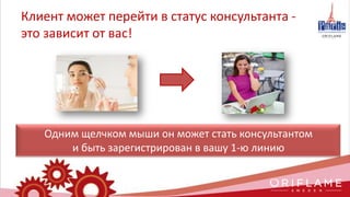 Клиент может перейти в статус консультанта -
это зависит от вас!
Одним щелчком мыши он может стать консультантом
и быть зарегистрирован в вашу 1-ю линию
 