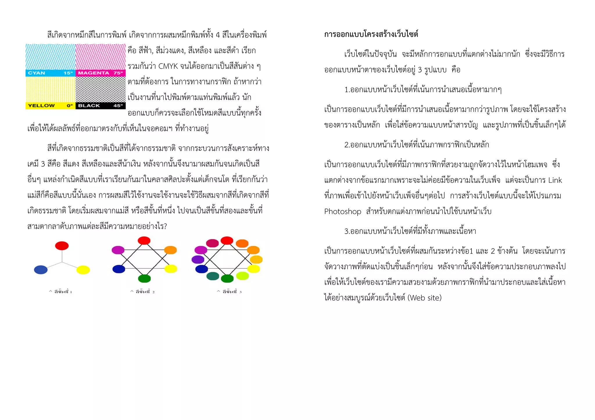 สีเกิดจากหมึกสีในการพิมพ์ เกิดจากการผสมหมึกพิมพ์ทั้ง 4 สีในเครื่องพิมพ์
คือ สีฟ้า, สีม่วงแดง, สีเหลือง และสีดา เรียก
รวมกันว่า CMYK จนได้ออกมาเป็นสีสันต่าง ๆ
ตามที่ต้องการ ในการทางานกราฟิก ถ้าหากว่า
เป็นงานที่นาไปพิมพ์ตามแท่นพิมพ์แล้ว นัก
ออกแบบก็ควรจะเลือกใช้โหมดสีแบบนี้ทุกครั้ง
เพื่อให้ได้ผลลัพธ์ที่ออกมาตรงกับที่เห็นในจอคอมฯ ที่ทางานอยู่
สีที่เกิดจากธรรมชาติเป็นสีที่ได้จากธรรมชาติ จากกระบวนการสังเคราะห์ทาง
เคมี 3 สีคือ สีแดง สีเหลืองและสีน้าเงิน หลังจากนั้นจึงนามาผสมกันจนเกิดเป็นสี
อื่นๆ แหล่งกาเนิดสีแบบที่เราเรียนกันมาในคลาสศิลปะตั้งแต่เด็กจนโต ที่เรียกกันว่า
แม่สีก็คือสีแบบนี้นั่นเอง การผสมสีไว้ใช้งานจะใช้งานจะใช้วิธีผสมจากสีที่เกิดจากสีที่
เกิดธรรมชาติ โดยเริ่มผสมจากแม่สี หรือสีขั้นที่หนึ่ง ไปจนเป็นสีขั้นที่สองและขั้นที่
สามตากลาดับภาพแต่ละสีมีความหมายอย่างไร?
การออกแบบโครงสร้างเว็บไซต์
เว็บไซต์ในปัจจุบัน จะมีหลักการอกแบบที่แตกต่างไม่มากนัก ซึ่งจะมีวิธีการ
ออกแบบหน้าตาของเว็บไซต์อยู่ 3 รูปแบบ คือ
1.ออกแบบหน้าเว็บไซต์ที่เน้นการนาเสนอเนื้อหามากๆ
เป็นการออกแบบเว็บไซต์ที่มีการนาเสนอเนื้อหามากกว่ารูปภาพ โดยจะใช้โครงสร้าง
ของตารางเป็นหลัก เพื่อใส่ข้อความแบบหน้าสารบัญ และรูปภาพที่เป็นชิ้นเล็กๆได้
2.ออกแบบหน้าเว็บไซต์ที่เน้นภาพกราฟิกเป็นหลัก
เป็นการออกแบบเว็บไซต์ที่มีภาพกราฟิกที่สวยงามถูกจัดวางไว้ในหน้าโฮมเพจ ซึ่ง
แตกต่างจากข้อแรกมากเพราะจะไม่ค่อยมีข้อความในเว็บเพ็จ แต่จะเป็นการ Link
ที่ภาพเพื่อเข้าไปยังหน้าเว็บเพ็จอื่นๆต่อไป การสร้างเว็บไซต์แบบนี้จะให้โปรแกรม
Photoshop สาหรับตกแต่งภาพก่อนนาไปใช้บนหน้าเว็บ
3.ออกแบบหน้าเว็บไซต์ที่มีทั้งภาพและเนื้อหา
เป็นการออกแบบหน้าเว็บไซต์ที่ผสมกันระหว่างข้อ1 และ 2 ข้างต้น โดยจะเน้นการ
จัดวางภาพที่ตัดแบ่งเป็นชิ้นเล็กๆก่อน หลังจากนั้นจึงใส่ข้อความประกอบภาพลงไป
เพื่อให้เว็บไซต์ของเรามีความสวยงามด้วยภาพกราฟิกที่นามาประกอบและใส่เนื้อหา
ได้อย่างสมบูรณ์ด้วยเว็บไซต์ (Web site)
 