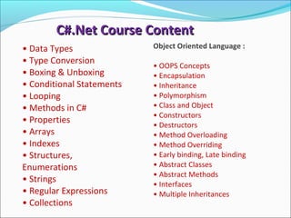 C#.Net Course ContentC#.Net Course Content
• Data Types
• Type Conversion
• Boxing & Unboxing
• Conditional Statements
• Looping
• Methods in C#
• Properties
• Arrays
• Indexes
• Structures,
Enumerations
• Strings
• Regular Expressions
• Collections
Object Oriented Language :
• OOPS Concepts
• Encapsulation
• Inheritance
• Polymorphism
• Class and Object
• Constructors
• Destructors
• Method Overloading
• Method Overriding
• Early binding, Late binding
• Abstract Classes
• Abstract Methods
• Interfaces
• Multiple Inheritances
 