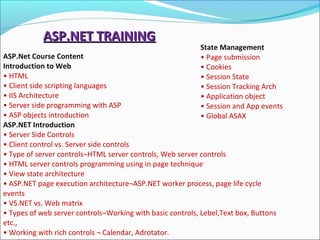 ASP.NET TRAININGASP.NET TRAINING
ASP.Net Course Content
Introduction to Web
• HTML
• Client side scripting languages
• IIS Architecture
• Server side programming with ASP
• ASP objects introduction
ASP.NET Introduction
• Server Side Controls
• Client control vs. Server side controls
• Type of server controls¬HTML server controls, Web server controls
• HTML server controls programming using in page technique
• View state architecture
• ASP.NET page execution architecture¬ASP.NET worker process, page life cycle
events
• VS.NET vs. Web matrix
• Types of web server controls¬Working with basic controls, Lebel,Text box, Buttons
etc.,
• Working with rich controls ¬ Calendar, Adrotator.
State Management
• Page submission
• Cookies
• Session State
• Session Tracking Arch
• Application object
• Session and App events
• Global ASAX
 