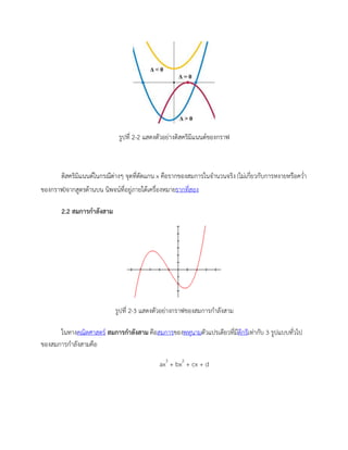 รูปที่ 2-2 แสดงตัวอย่างดิสคริมิแนนต์ของกราฟ
ดิสคริมิแนนต์ในกรณีต่างๆ จุดที่ตัดแกน x คือรากของสมการในจานวนจริง (ไม่เกี่ยวกับการหงายหรือคว่า
ของกราฟ)จากสูตรด้านบน นิพจน์ที่อยู่ภายใต้เครื่องหมายรากที่สอง
2.2 สมการกาลังสาม
รูปที่ 2-3 แสดงตัวอย่างกราฟของสมการกาลังสาม
ในทางคณิตศาสตร์ สมการกาลังสาม คือสมการของพหุนามตัวแปรเดียวที่มีดีกรีเท่ากับ 3 รูปแบบทั่วไป
ของสมการกาลังสามคือ
ax3
+ bx2
+ cx + d
 