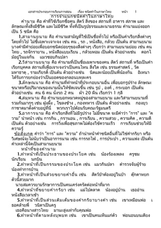 เอกสารประกอบการเรียนการสอน เรื่อง ชนิดคำาในภาษาไทย หน้า 1
การจำาแนกชนิดคำาในภาษาไทย
คำานาม คือ คำาที่ใช้เรียกชื่อคน สัตว์ สิ่งของ สถานที่ อาคาร สภาพ และ
ลักษณะทั้งสิ่งมีชีวิต และไม่มีชีวิต ทั้งที่เป็นรูปธรรมและนามธรรม คำานามแบ่งออก
เป็น 5 ชนิด คือ
1.สามานยนาม คือ คำานามสามัญที่ใช้เป็นชื่อทั่วไป หรือเป็นคำาเรียกสิ่งต่างๆ
โดยทั่วไป ไม่ชี้เฉพาะเจาะจง เช่น คน , รถ , หนังสือ, กล้วย เป็นต้น สามานยนาม
บางคำามีคำาย่อยเพื่อบอกชนิดย่อยๆของสิ่งต่างๆ เรียกว่า สามานยนามย่อย เช่น คน
ไทย , รถจักรายาน , หนังสือแบบเรียน , กล้วยหอม เป็นต้น ตัวอย่างเช่น ดอกไ
ม้อยู่ในแจกัน แมวชอบกินปลา
2.วิสามานยนาม คือ คำานามที่เป็นชื่อเฉพาะของคน สัตว์ สถานที่ หรือเป็นคำา
เรียกบุคคล สถานที่เพื่อเจาะจงว่าเป็นคนไหน สิ่งใด เช่น ธรรมศาสตร์ , วัด
มหาธาตุ , รามเกียรติ์ เป็นต้น ตัวอย่างเช่น นิดและน้อยเป็นพี่น้องกัน อิเหนา
ได้รับการยกย่องว่าเป็นยอดของกลอนบทละคร
3.ลักษณนาม คือ คำานามที่ทำาหน้าที่ประกอบนามอื่น เพื่อบอกรูปร่าง ลักษณะ
ขนาดหรือปริมาณของนามนั้นให้ชัดเจนขึ้น เช่น รูป , องค์ , กระบอก เป็นต้น
ตัวอย่างเช่น คน 6 คน นั่งรถ 2 คน ผ้า 20 ผืน เรียกว่า 1 กุลี
4.สมุหนาม คือ คำานามบอกหมวดหมู่ของสามานยนาม และวิสามานยนามที่
รวมกันมากๆ เช่น ฝูงผึ้ง , โขลงช้าง , กองทหาร เป็นต้น ตัวอย่างเช่น กองยุว
กาชาดมาตั้งค่ายอยู่ที่นี่ พวกเราไปต้อนรับคณะรัฐมนตรี
5.อาการนาม คือ คำาเรียกสิ่งที่ไม่มีรูปร่าง ไม่มีขนาด จะมีคำาว่า "การ" และ "ค
วาม" นำาหน้า เช่น การกิน , กรานอน , การเรียน , ความสวย , ความคิด , ความดี
เป็นต้น ตัวอย่างเช่น การวิ่งเพื่อสุขภาพไม่ต้องใช้ความเร็ว การเรียนช่วยให้มี
ความรู้
ข้อสังเกต คำาว่า "การ" และ "ความ" ถ้านำาหน้าคำาชนิดอื่นที่ไม่ใช่คำากริยา หรือ
วิเศษณ์จะไม่นับว่าเป็นอาการนาม เช่น การรถไฟ , การประปา , ความแพ่ง เป็นต้น
คำาเหล่านี้จัดเป็นสามานยนาม
หน้าที่ของคำานาม
1.ทำาหน้าที่เป็นประธานของประโยค เช่น น้องร้องเพลง ครูชม
นักเรียน นกบิน
2.ทำาหน้าที่เป็นกรรมของประโยค เช่น แมวกินปลา ตำารวจจับผู้ร้าย
น้องทำาการบ้าน
3.ทำาหน้าที่เป็นส่วยขยายคำาอื่น เช่น สัตว์ป่าต้องอยู่ในป่า ตุ๊กตาหยก
ตัวนี้สวยมาก
นายสมควรยามรักษาการเป็นคนเคร่งครัดต่อหน้าที่มาก
4.ทำาหน้าที่ขยายคำากริยา เช่น แม่ไปตลาด น้องอยู่บ้าน เธออ่าน
หนังสือเวลาเช้า
5.ทำาหน้าที่เป็นส่วนเติมเต็มของคำากริยาบางคำา เช่น เขาเหมือนพ่อ เ
ธอคล้ายพี่ วนิดาเป็นครู
เธอคือนางสาวไทย มานะสูงเท่ากับคุณพ่อ
6.ทำาหน้าที่ตามหลังบุพบท เช่น เขาเป็นคนเห็นแก่ตัว พ่อนอนบนเตียง
 