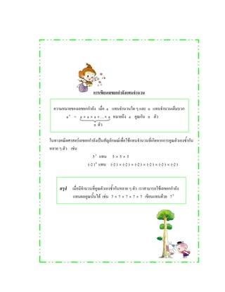a n
an
= a × a × a × × a a n
n
F ˈ F F
F
53
5 × 5 × 5
(-2 )6
(-2 ) × (-2 ) × (-2 ) × (-2 ) × (-2 ) × (-2 )
F
F F 7 × 7 × 7 × 7 × 7 F 75
 
